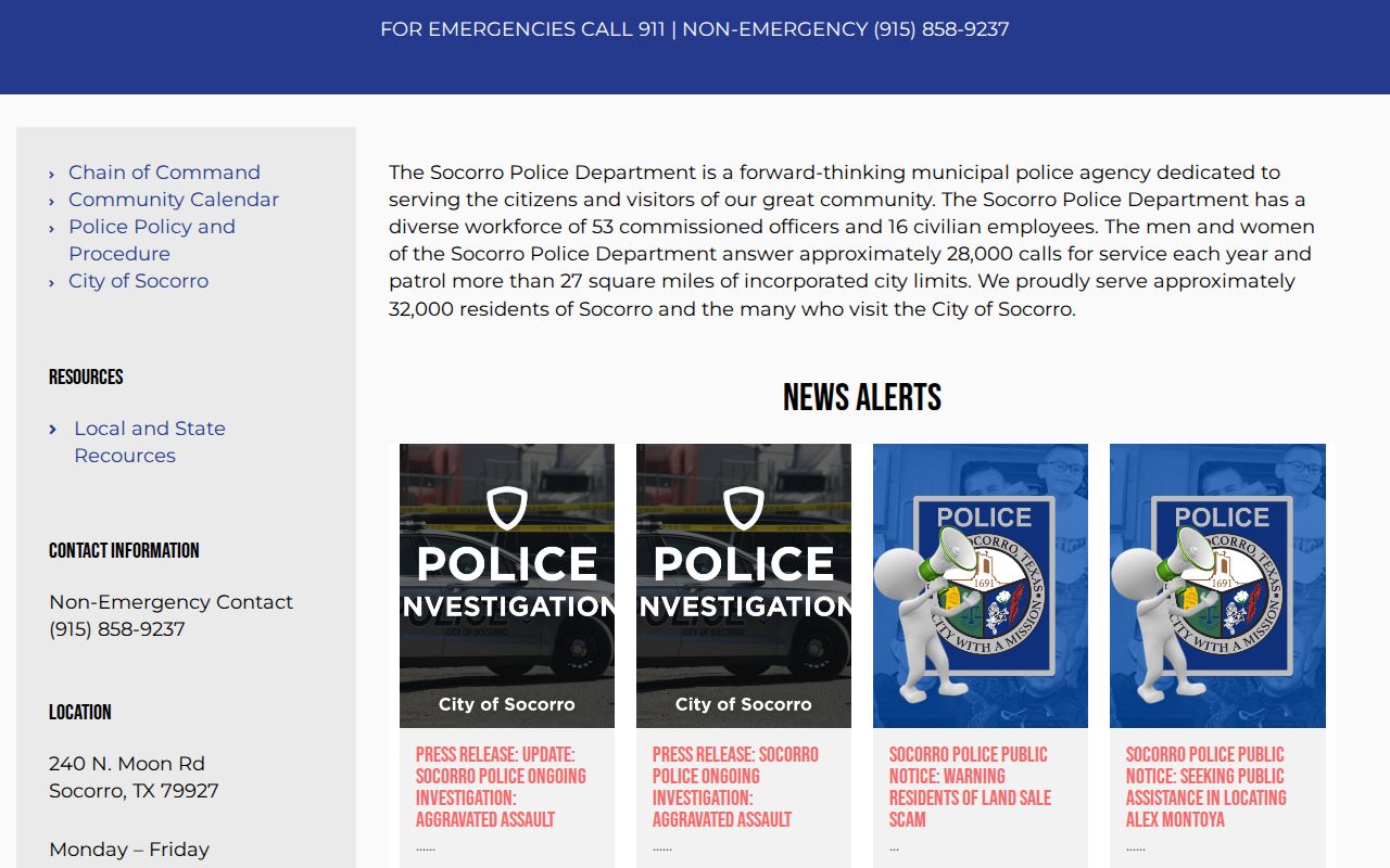 Socorro Police Department page with the official Arrest Log area